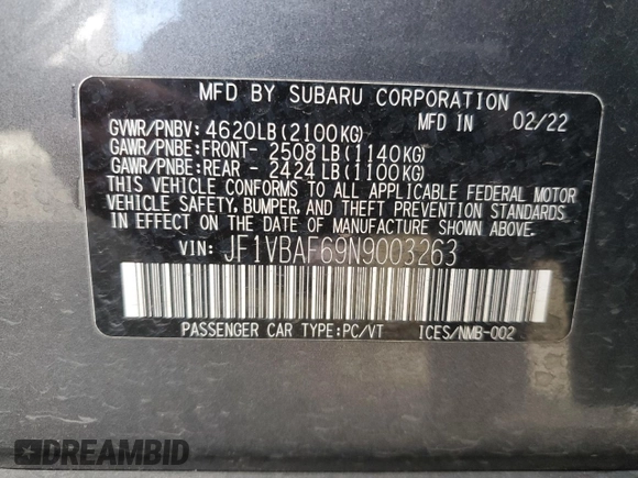 2022 Subaru WRX Premium with VIN JF1VBAF69N9003263, listed as a Copart auction lot 42211255 with 33,555 mi miles and Salvage Title. Bid and sale history available at DreamBid. Image 14.