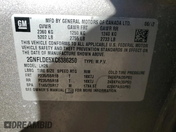 2012 Chevrolet Equinox 1LT z VIN 2GNFLDE5XC6386250, wystawiony jako Copart lot #52962465 z przebiegiem 182 040 mil mil oraz Szkody całkowita. Historia ofert i sprzedaży dostępna na DreamBid. Obrazek 15.