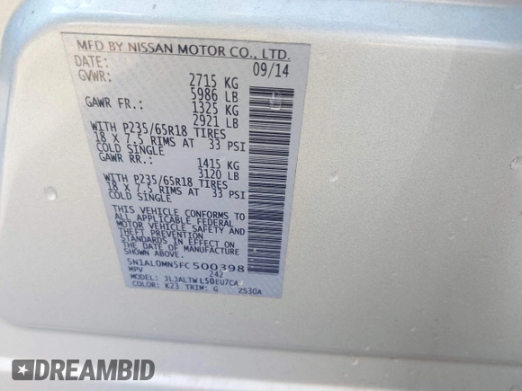 2015 Infiniti QX60 with VIN 5N1AL0MN5FC500398, listed as a IAAI auction lot 41979650 with 265,446 mi miles and . Bid and sale history available at DreamBid. Image 9.