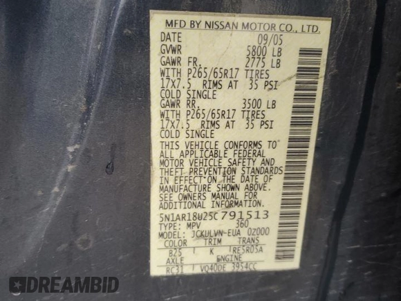 2005 Nissan Pathfinder LE with VIN 5N1AR18U25C791513, listed as a Copart auction lot 85819304 with 166,158 mi miles and Salvage title. Bid and sale history available at DreamBid. Image 14.