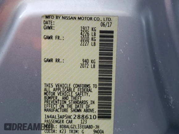 2017 Nissan Altima SR with VIN 1N4AL3AP5HC288610, listed as a Copart auction lot 45187935 with 124,668 mi miles and Salvage Title. Bid and sale history available at DreamBid. Image 12.