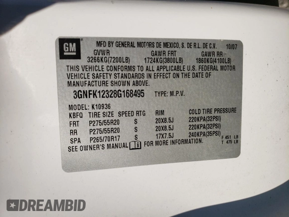 2008 Chevrolet Avalanche LTZ with VIN 3GNFK12328G168495, listed as a Copart auction lot 62416994 with Not Provided miles and Salvage Title. Bid and sale history available at DreamBid. Image 10.