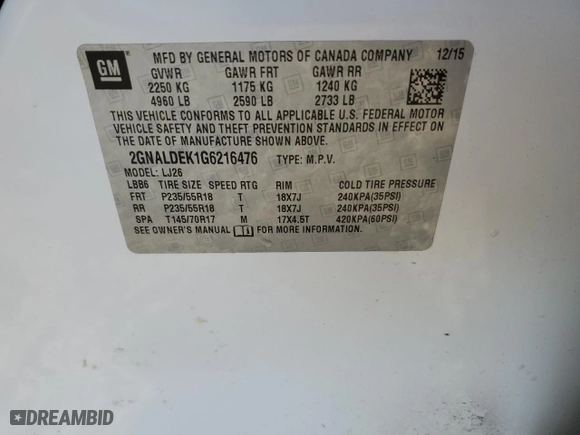 2016 Chevrolet Equinox LTZ with VIN 2GNALDEK1G6216476, listed as a Copart auction lot 46550745 with 159,290 mi miles and Salvage Title. Bid and sale history available at carsss.com. Image 14.