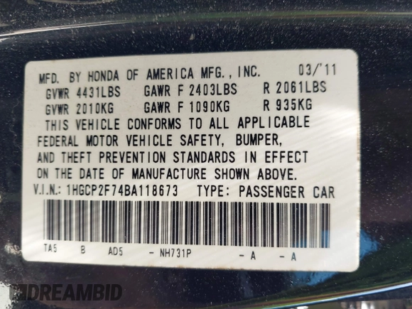 2011 Honda Accord EX z VIN 1HGCP2F74BA118673, wystawiony jako IAAI lot #42154106 z przebiegiem 163 359 mil mil oraz . Historia ofert i sprzedaży dostępna na DreamBid. Obrazek 9.