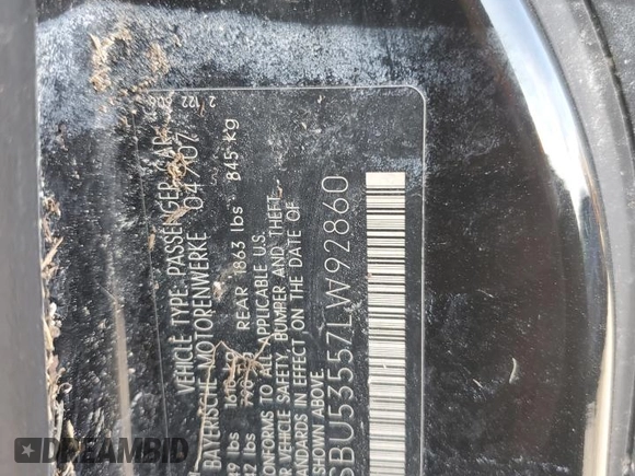 2007 BMW Z4 3.0si with VIN 4USBU53557LW92860, listed as a Copart auction lot 51298935 with Not provided miles and Non repairable. Bid and sale history available at DreamBid. Image 13.