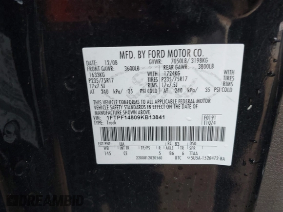 2009 Ford F-150 с VIN 1FTPF14809KB13841, выставлен на аукционе IAAI как лот 41775353 с пробегом 220 204 миль миль и . История ставок и продаж доступна на DreamBid. Изображение 9.