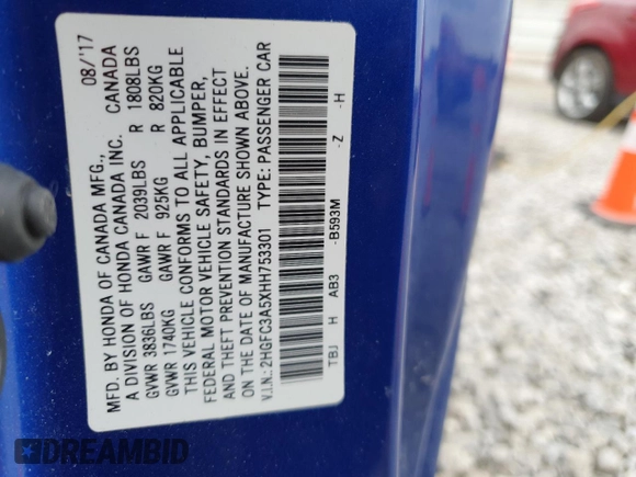 2017 Honda Civic Si with VIN 2HGFC3A5XHH753301, listed as a Copart auction lot 51125385 with 66,238 mi miles and Salvage Title. Bid and sale history available at DreamBid. Image 12.