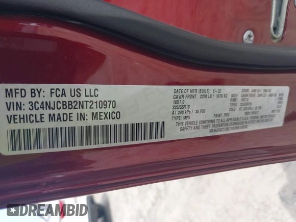 2022 Jeep Compass Latitude z VIN 3C4NJCBB2NT210970, wystawiony jako IAAI lot #42302790 z przebiegiem 27 999 mil mil oraz . Historia ofert i sprzedaży dostępna na DreamBid. Obrazek 9.