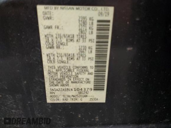 2020 Nissan Murano S with VIN 5N1AZ2AS9LN104379, listed as a Copart auction lot 50049245 with 131,646 mi miles and Salvage Title. Bid and sale history available at DreamBid. Image 13.