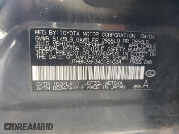 2004 Lexus LS 430 with VIN JTHBN36F340161034, listed as a Copart auction lot 51734645 with 238,695 mi miles and Salvage Title. Bid and sale history available at DreamBid. Image 12.