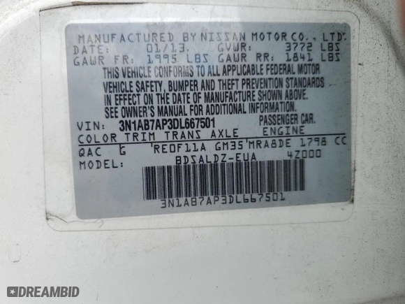 2013 Nissan Sentra SV with VIN 3N1AB7AP3DL667501, listed as a Copart auction lot 52216945 with 158,247 mi miles and Salvage Title. Bid and sale history available at carsss.com. Image 12.