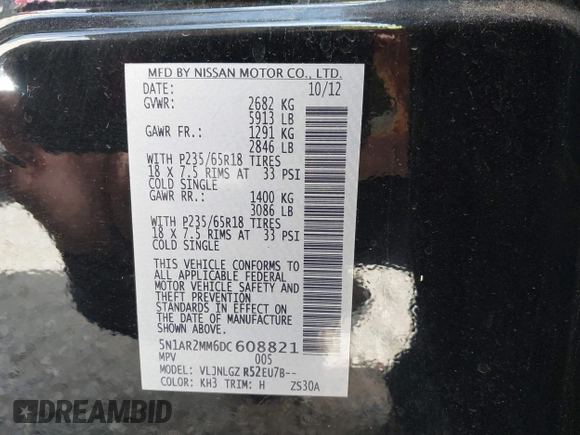 2013 Nissan Pathfinder SV with VIN 5N1AR2MM6DC608821, listed as a IAAI auction lot 41785879 with 219,959 mi miles. Bid and sale history available at carsss.com. Image 9.