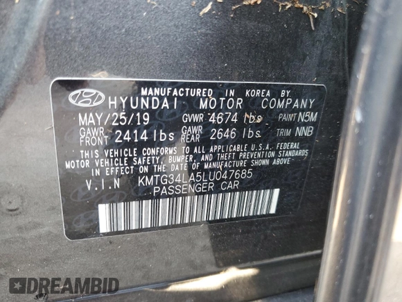 2020 Genesis G70 2.0T with VIN KMTG34LA5LU047685, listed as a Copart auction lot 73717104 with Not provided miles and Non repairable. Bid and sale history available at DreamBid. Image 13.