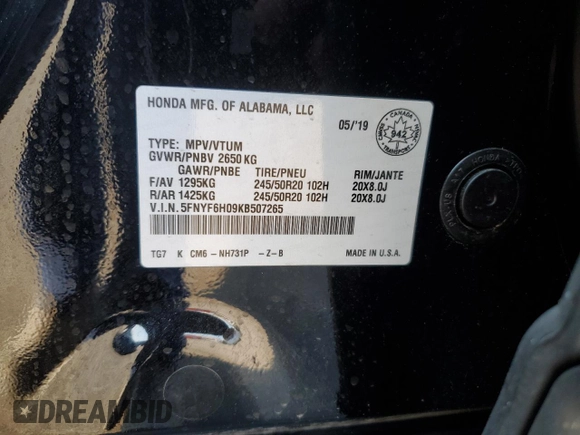 2019 Honda Pilot Elite with VIN 5FNYF6H09KB507265, listed as a Copart auction lot 62853885 with Not provided miles and Clean title. Bid and sale history available at DreamBid. Image 13.