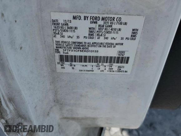 2014 Ford F-150 XL with VIN 1FTFX1CF5EKD13133, listed as a Copart auction lot 56876035 with 128,636 mi miles and Salvage title. Bid and sale history available at DreamBid. Image 12.