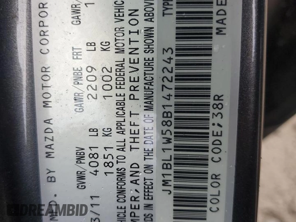 2011 Mazda 3 S Grand Touring with VIN JM1BL1W58B1472243, listed as a Copart auction lot 84862134 with 43,803 mi miles and Salvage Title. Bid and sale history available at DreamBid. Image 12.