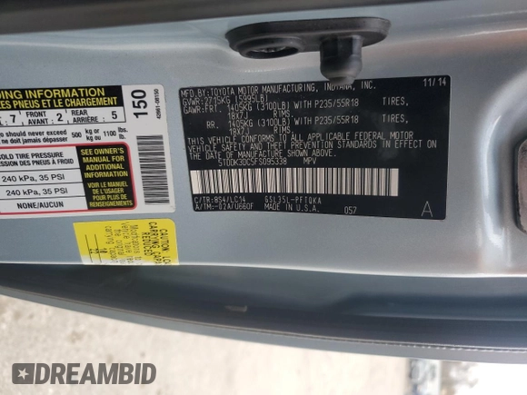 2015 Toyota Sienna Limited with VIN 5TDDK3DC5FS095338, listed as a Copart auction lot 78532014 with 182,689 mi miles and Salvage Title. Bid and sale history available at DreamBid. Image 14.