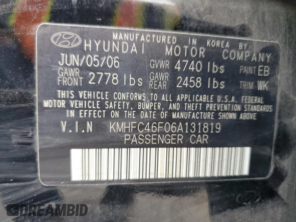 2006 Hyundai Azera SE with VIN KMHFC46F06A131819, listed as a Copart auction lot 51696375 with 126,788 mi miles and Clean Title. Bid and sale history available at DreamBid. Image 14.