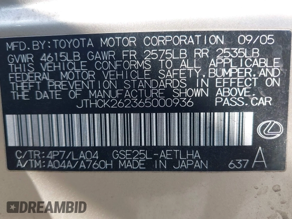 2006 Lexus IS 250 z VIN JTHCK262365000936, wystawiony jako IAAI lot #42157605 z przebiegiem 119 911 mil mil oraz . Historia ofert i sprzedaży dostępna na DreamBid. Obrazek 9.