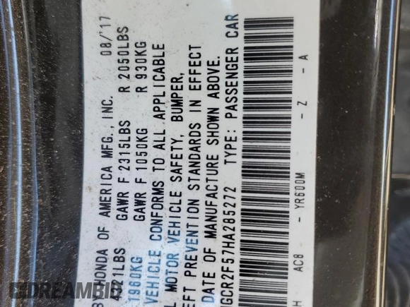 2017 Honda Accord Sedan Sport with VIN 1HGCR2F57HA285272, listed as a Copart auction lot 45609575 with 95,451 mi miles and Salvage Title. Bid and sale history available at carsss.com. Image 14.