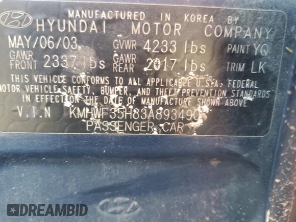 2003 Hyundai Sonata GLS with VIN KMHWF35H83A893490, listed as a Copart auction lot 80886424 with 0 mi miles and Salvage Title. Bid and sale history available at carsss.com. Image 12.