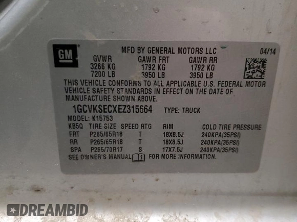 2014 Chevrolet Silverado 1500 LTZ with VIN 1GCVKSECXEZ315664, listed as a Copart auction lot 50441155 with 128,745 mi miles and Clean Title. Bid and sale history available at DreamBid. Image 12.