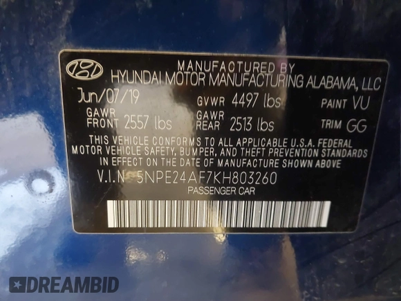 2019 Hyundai Sonata SE with VIN 5NPE24AF7KH803260, listed as a IAAI auction lot 41713958 with Not Provided miles and . Bid and sale history available at carsss.com. Image 9.