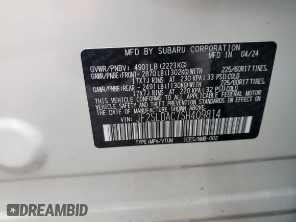 2025 Subaru Forester with VIN JF2SLDAC7SH409814, listed as a Copart auction lot 85524404 with 1,308 mi miles and Salvage title. Bid and sale history available at DreamBid. Image 12.
