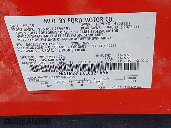 2020 Ford EcoSport S with VIN MAJ6S3FLXLC321656, listed as a IAAI auction lot 41496797 with 68,907 mi miles and . Bid and sale history available at DreamBid. Image 9.