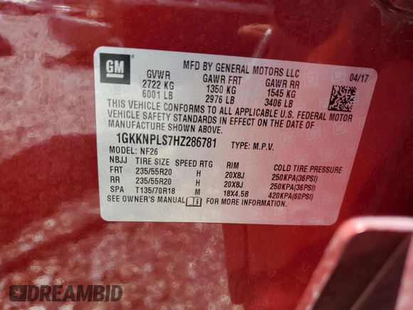 2017 GMC Acadia Denali with VIN 1GKKNPLS7HZ286781, listed as a Copart auction lot 61544035 with 82,861 mi miles and Salvage title. Bid and sale history available at DreamBid. Image 14.