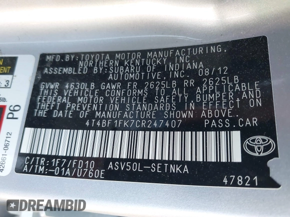 2012 Toyota Camry L with VIN 4T4BF1FK7CR247407, listed as a IAAI auction lot 42123976 with 99,809 mi miles. Bid and sale history available at carsss.com. Image 9.