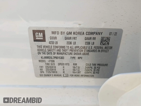 2023 Buick Encore GX Select with VIN KL4MMDSL7PB015303, listed as a IAAI auction lot 42255668 with Not provided miles and . Bid and sale history available at DreamBid. Image 9.