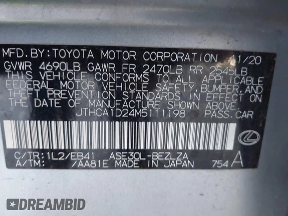 2021 Lexus IS 300 with VIN JTHCA1D24M5111198, listed as a IAAI auction lot 41944185 with 68,309 mi miles and . Bid and sale history available at DreamBid. Image 9.