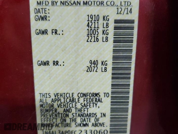 2015 Nissan Altima SL with VIN 1N4AL3AP0FC233060, listed as a Copart auction lot 54388535 with 88,942 mi miles and Salvage Title. Bid and sale history available at DreamBid. Image 13.