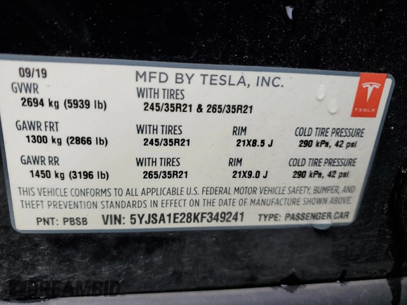 2019 Tesla Model S 75D with VIN 5YJSA1E28KF349241, listed as a Copart auction lot 55279595 with 77,005 mi miles and Salvage title. Bid and sale history available at DreamBid. Image 12.