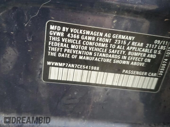 2012 Volkswagen CC Sport PZEV with VIN WVWMP7AN7CE541988, listed as a Copart auction lot 44253715 with 150,375 mi miles and Salvage Title. Bid and sale history available at carsss.com. Image 12.