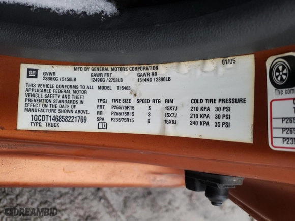 2005 Chevrolet Colorado LT w/1LT with VIN 1GCDT146858221769, listed as a Copart auction lot 44602145 with 161,517 mi miles and Salvage Title. Bid and sale history available at carsss.com. Image 12.
