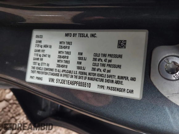 2023 Tesla Model 3 with VIN 5YJ3E1EA6PF655510, listed as a IAAI auction lot 41948480 with 27,179 mi miles and . Bid and sale history available at carsss.com. Image 9.