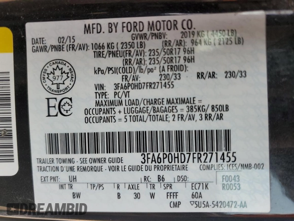 2015 Ford Fusion SE with VIN 3FA6P0HD7FR271455, listed as a Copart auction lot 60920955 with 227,885 mi miles and Clean title. Bid and sale history available at DreamBid. Image 12.