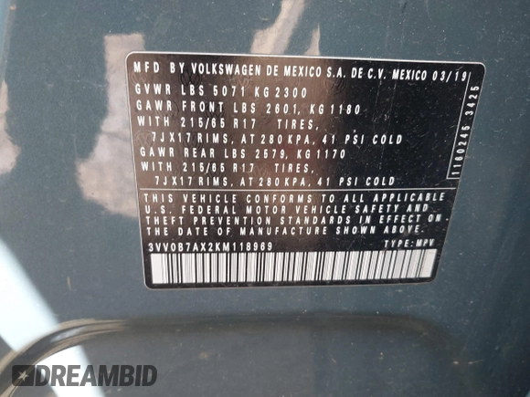 2019 Volkswagen Tiguan S z VIN 3VV0B7AX2KM118969, wystawiony jako IAAI lot #42148251 z przebiegiem 70 888 mil mil oraz . Historia ofert i sprzedaży dostępna na DreamBid. Obrazek 9.