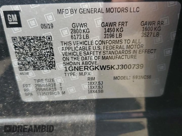 2019 Chevrolet Traverse LT Cloth with VIN 1GNERGKW5KJ300739, listed as a Copart auction lot 59311695 with 91,741 mi miles and Salvage title. Bid and sale history available at DreamBid. Image 14.