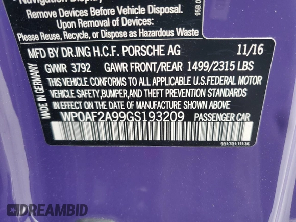 2016 Porsche 911 GT3 RS with VIN WP0AF2A99GS193209, listed as a Copart auction lot 51185225 with 8,083 mi miles and Salvage Title. Bid and sale history available at carsss.com. Image 14.