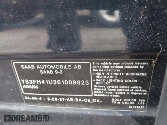2006 Saab 9-3 Aero z VIN YS3FH41U361009623, wystawiony jako IAAI lot #41701056 z przebiegiem 80 806 mil mil oraz . Historia ofert i sprzedaży dostępna na DreamBid. Obrazek 9.