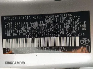 2012 Toyota Corolla L with VIN 2T1BU4EE1CC837049, listed as a IAAI auction lot 41990128 with 157,834 mi miles and . Bid and sale history available at DreamBid. Image 9.