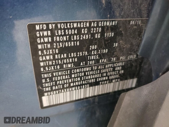 2017 Volkswagen Tiguan S with VIN WVGBV7AX8HW501835, listed as a Copart auction lot 58415625 with 117,017 mi miles and Clean title. Bid and sale history available at DreamBid. Image 13.