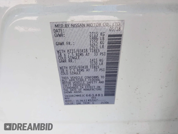 2018 Nissan Pathfinder Platinum with VIN 5N1DR2MM8JC661481, listed as a IAAI auction lot 42651882 with 83,591 mi miles and . Bid and sale history available at DreamBid. Image 9.
