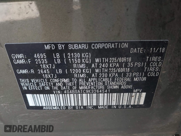 2019 Subaru Outback Touring with VIN 4S4BSATC9K3264541, listed as a IAAI auction lot 41312719 with 133,916 mi miles and . Bid and sale history available at DreamBid. Image 9.