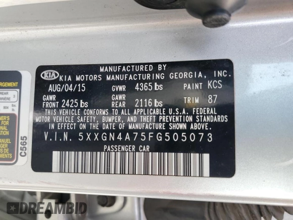 2015 Kia Optima EX with VIN 5XXGN4A75FG505073, listed as a Copart auction lot 50218595 with 77,199 mi miles and Salvage Title. Bid and sale history available at carsss.com. Image 13.