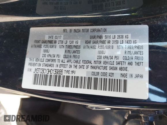 2017 Mazda CX-9 Touring with VIN JM3TCBCY3H0139866, listed as a IAAI auction lot 41849281 with 135,259 mi miles and . Bid and sale history available at DreamBid. Image 9.