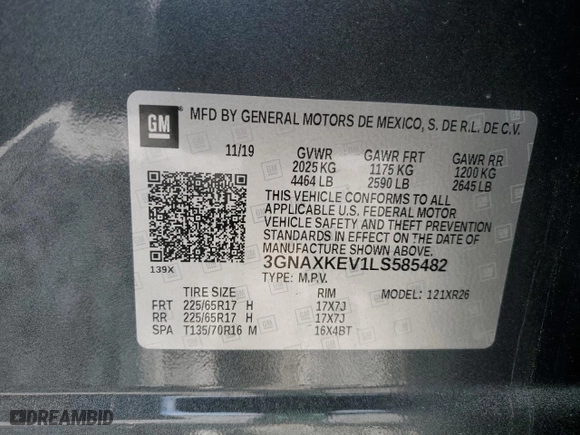 2020 Chevrolet Equinox LT with VIN 3GNAXKEV1LS585482, listed as a Copart auction lot 48761205 with 74,968 mi miles and Salvage Title. Bid and sale history available at carsss.com. Image 14.